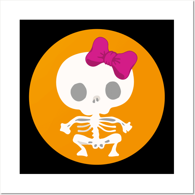 Kawaii skeleton cute pink bow orange day of the dead Wall Art by T-Mex